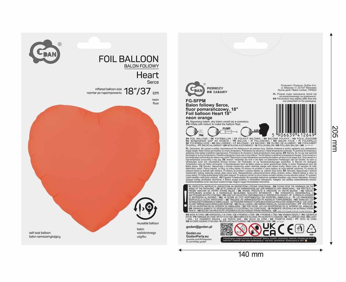 Foil balloon Heart 18“ neon orange